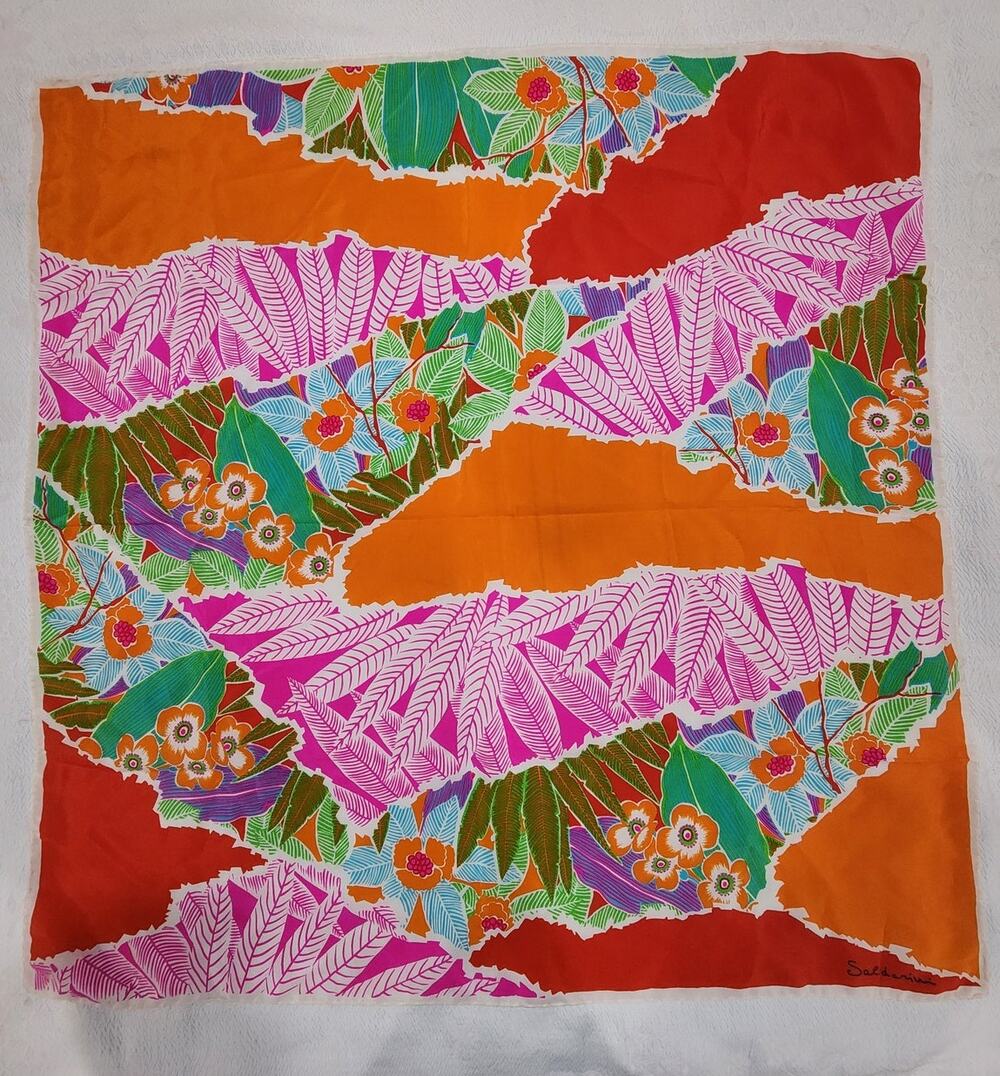 Saldarini Italy Silk Square Scarf Tropical Floral Orange Rust Magenta 30in